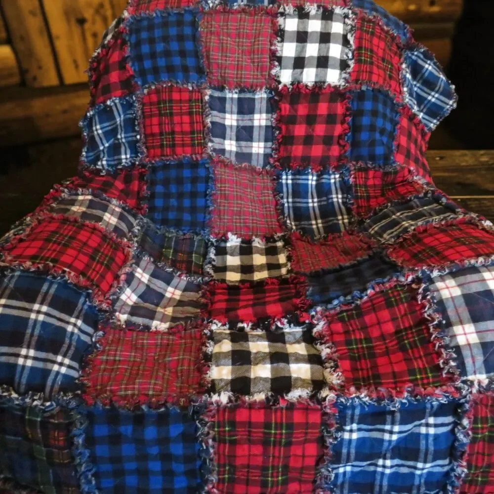 Flannel Rag Quilt With Batting, 50x64,Red, Blue, Black Plaid